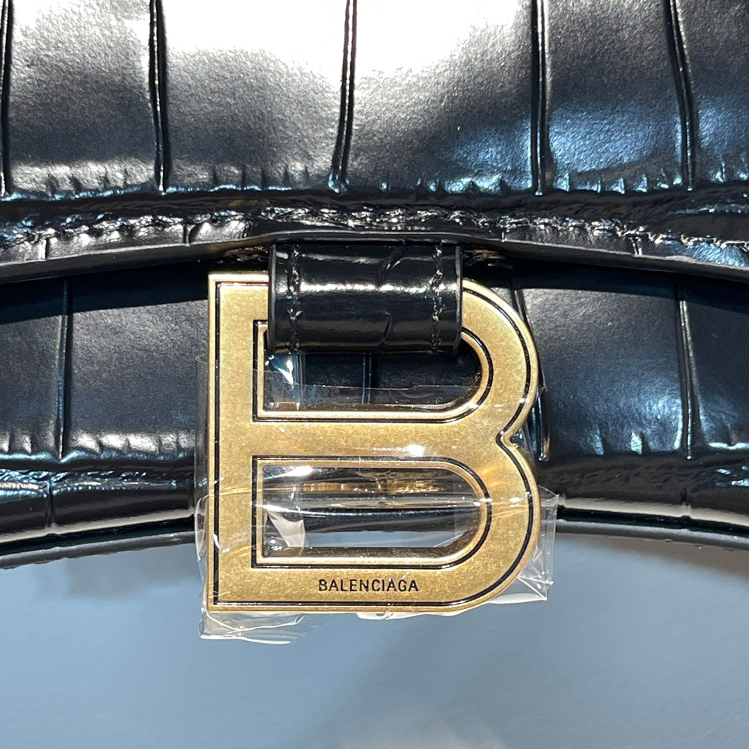 Balenciaga/hourglass/ gold buckle/ crocodile leather/ small size/ ladies'/ black