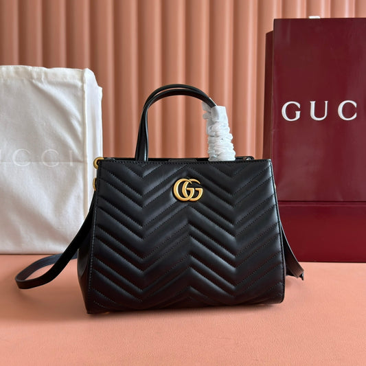 Gucci/Black Double G Cowhide/V-grained Handbag/Shoulder Bag